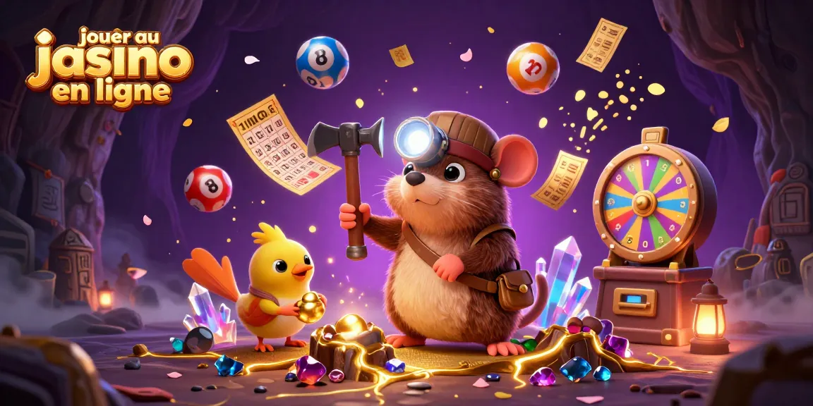 Jouer au casino en ligne avec un chercheur de trésor et des éléments de jeu colorés dans une scène dynamique.